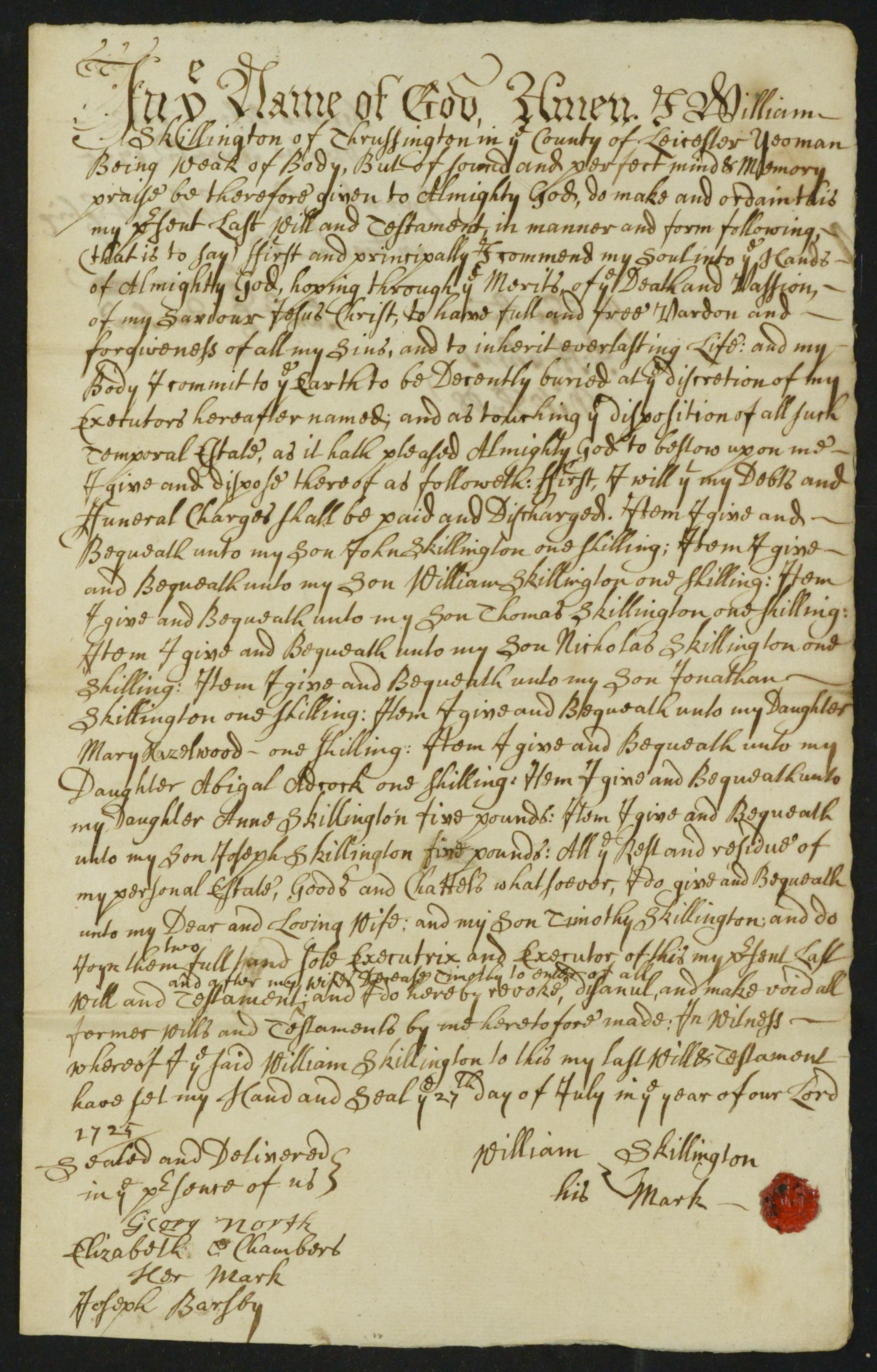 William's last Will and Testament of 1725